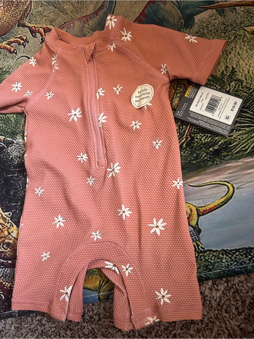 Kids Short Sleeve One-Piece Romper swimsuit - Dusty Rose with White Floral